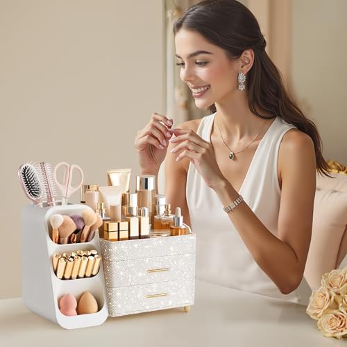 Image of HBlife Makeup Organizer with Brush Holder for Vanity, Large Plastic Bathroom Countertop Organizer Skin Care Storage, Easy to Store Nail Polishes, Perfumes, Eyeshadow Palettes, Pearl All White
