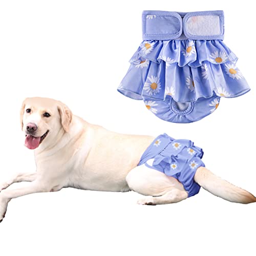 KUVEELA PET 犬用マナーパンツ 犬用 メス サニタリーパンツ 犬用パンツ 雌 犬用生理パンツ 犬用オムツカバー 女の子 メス 発情期用 通気性 吸水性良い 再利用可能(花柄ブルー XL)