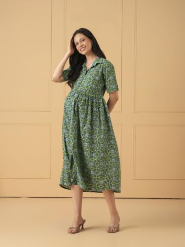 Image of The Mom Store Maternity and Nursing Dress | Pre and Post Pregnancy Dress for Womens | Zipper /Button Opening | Causal Wear | Trendy Stylish Causal Dresses for New Moms