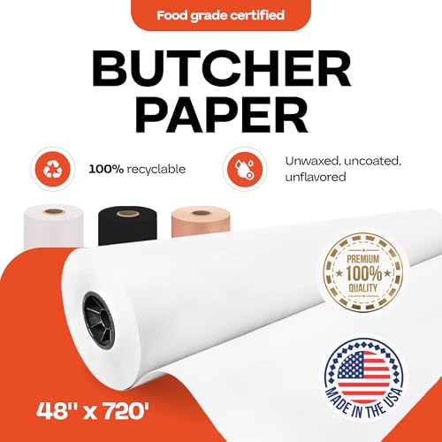 Image of White Butcher Paper Roll 48 inch x 8640 inch (720 feet) - USA-Made Natural Food-Grade Paper for Cooking Meat and Fish - Unwaxed Material for Smoker, BBQ & Grilling by IDL Packaging