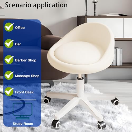 Image of Swivel Rolling Stool with Wheels, Height Adjustable PU Leather Drafting Chair, Round Seat for Salon, Spa, Tattoo, Office, Home Use Beige Set of 1