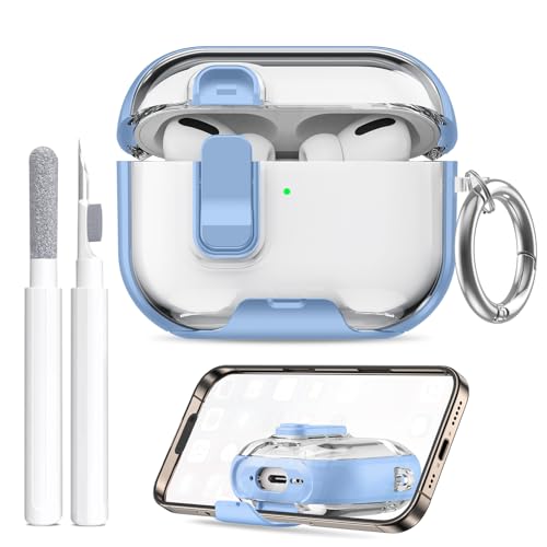 Image of Compatible Airpods Pro 3 Case (2025) with Phone Stand & Cleaner Kit,Print Soft Silicone Lock Clip Apple AirPods Pro 3rd Generation Case, Airpod Pro 3 Cover with Keychain for Women /Girls,Light Blue