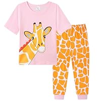 Dinopjs Girls' Pyjamas Set Cartoon Giraffe Cotton Short Sleeve+Long Pants 2 Piece Pjs Girl sleep clothes Outfit Pajama Children Sleep Wear Spring, Summer, Autumn Clothes for Kids, Pink