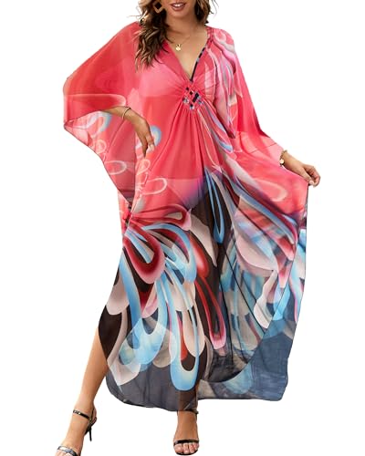 Bsubseach Kaftan Dresses for Women Sheer Beach Swimsuit Cover Up Batwing Sleeve Plus Size Caftan Cover Ups
