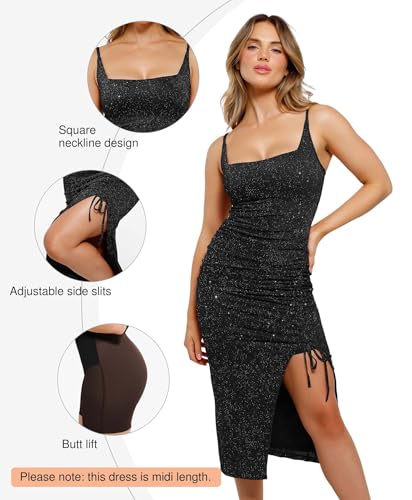 Popilush Sparkly Cocktail Dresses for Women Tummy Control Formal Shapewear Dress Square Neck Ruched Midi Dress Side Slit4