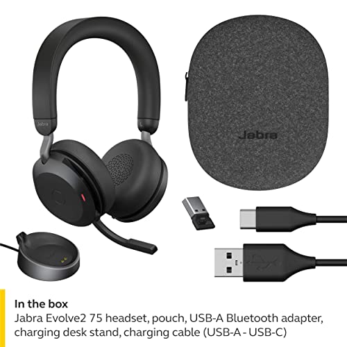 Jabra Evolve2 75 Pc Wireless Headset With Charging Stand And 8-Mic Technology - Dual Foam Stereo Headphones With Advanced Active Noise Cancelling, Usb-A Bluetooth Adapter And Uc Compatibility - Black #TOP5