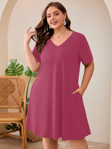 Image of AusLook Plus Size Midi Dress for Women Loose V Neck Short Sleeve Summer Casual A Line T Shirt Sundresses with Pockets 1X-5X