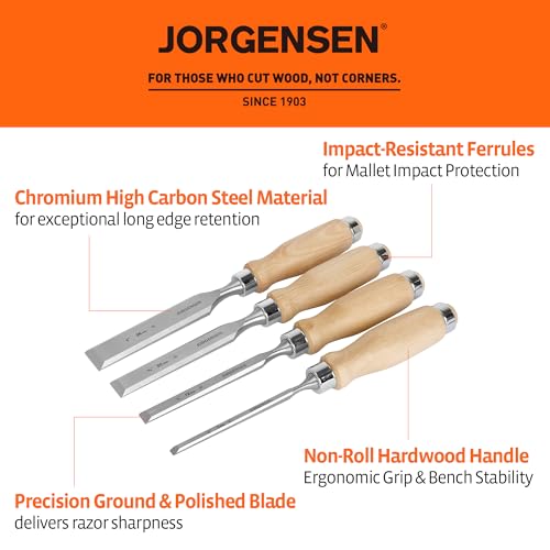Image of Jorgensen 4-Piece Wood Chisel Set, Chromium Alloy Steel Beveled Edge Wood Chisels, Wood Chisels for Woodworking, Ergonomic Hardwood Handle with Metal Ferrule, 1 /4 inch, 1 /2 inch, 3 /4 inch, 1 inch