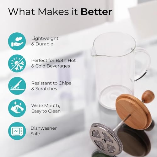 Image of French Press Coffee Maker - Coffee Brewer For Home - Portable Machine - Coffee Filter Machine - Tea Maker Mug, Stainless Steel & Borosilicate Glass, Lightweight & Durable [Pack of 1]