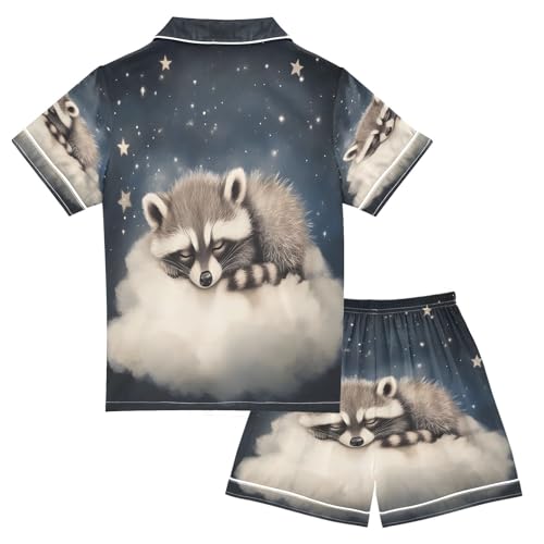 ALAZA Raccoon Starry Sky Cloud Satin Pajamas Set Short Sleeve Button Down Sleepwear Summer Pjs 2 Piece2