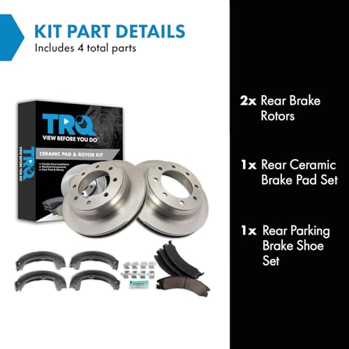Image of TRQ Rear Brake Pad and Rotor Set Ceramic Parking Brake Shoes Compatible with 2008-2014 Ford E-150 E-250 2008-2019 2021 E-350 Super Duty