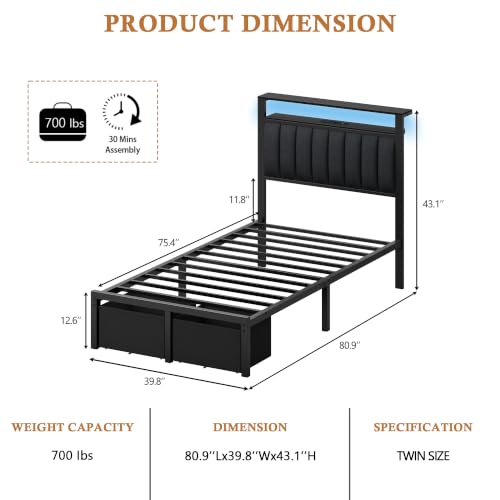 Image of Furnulem Twin Bed Frames with Storage Drawers and Upholstered Headboard