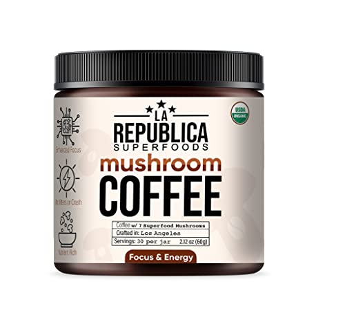 La Republica Organic Mushroom Coffee (30 Servings) with 7 Superfood Mushrooms, Great Tasting Arabica Instant Coffee, Includes Lion's Mane, Reishi, Chaga, Cordyceps, Shiitake, Maitake, and Turkey Tail