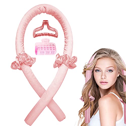 Heatless Hair Curlers, No Heat Silk Curling Rod Headband With Hair Rollers and Clips You Can Sleep In Overnight, Soft Heatless Hair Curling Wrap Curls Ribbon for Long Hair (Pink)