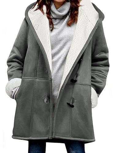 Vancavoo Fleecejacke Damen Sweatjacke mit Kapuze Strickjacken Lang Fleecejacke Winterjacke Lammfell Fleece Kapuzenjacke Winter Warme Mantel Kapuzenpullover,Dunkelgrau,S