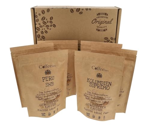 Coffeenes Kaffeebohnen Probierset Geschenkset mit Spezialitätenkaffee – Ganze Bohnen – 100% Arabica – Frisch Geröstet – aus Kolumbien, Peru, Brasilien, Indien, Uganda & Tansania – 6x100 g