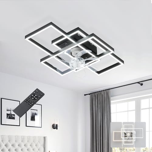 AQLEDY 60cm Ventilador De Techo Con Luz Silencioso, Lampara Ventilador Techo Dormitorio Con Mando Y DC Motor, 6 Velocidades Reversible LED Regulable Ceiling Fan with Light Para Salon Cocina - Negro
