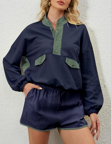 Womens 2 Piece Short Sets Loose Color Block Sweatshirts Short Set and Summer Long Sleeve Pullover Tracksuit with Pocket2