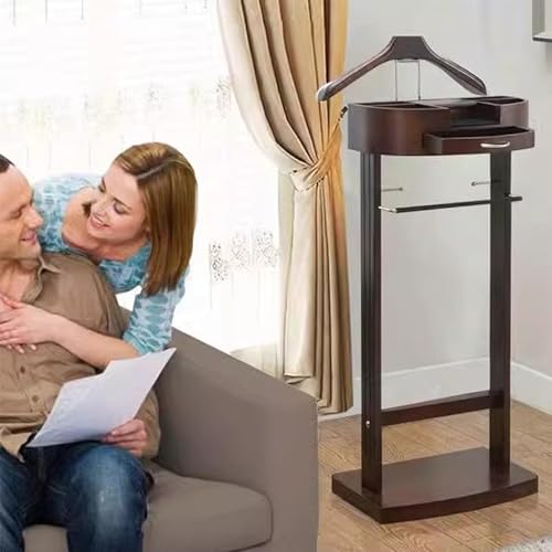 Estante de madera para trajes, organizador de ropa independiente con cajón para hombres, diseño elegante para almacenamiento en el hogar u oficina
