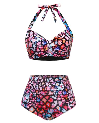 Image of Holipick Women High Waisted Bikini Set Two Piece Swimsuit Tummy Control Bathing Suit Vintage Halter Swimwear