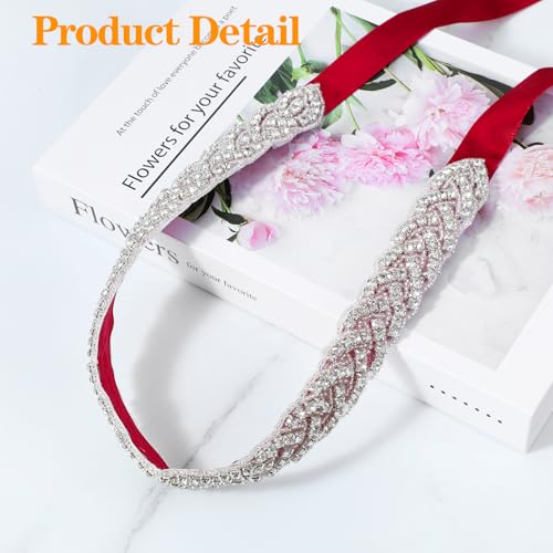 Bridal Rhinestone Belt for Women, Handcrafted Sparkly Rhinestone Belts for Formal Dress, Wedding Dress Belt Glitter Ribbon Belt for Jeans Dress(Red)2