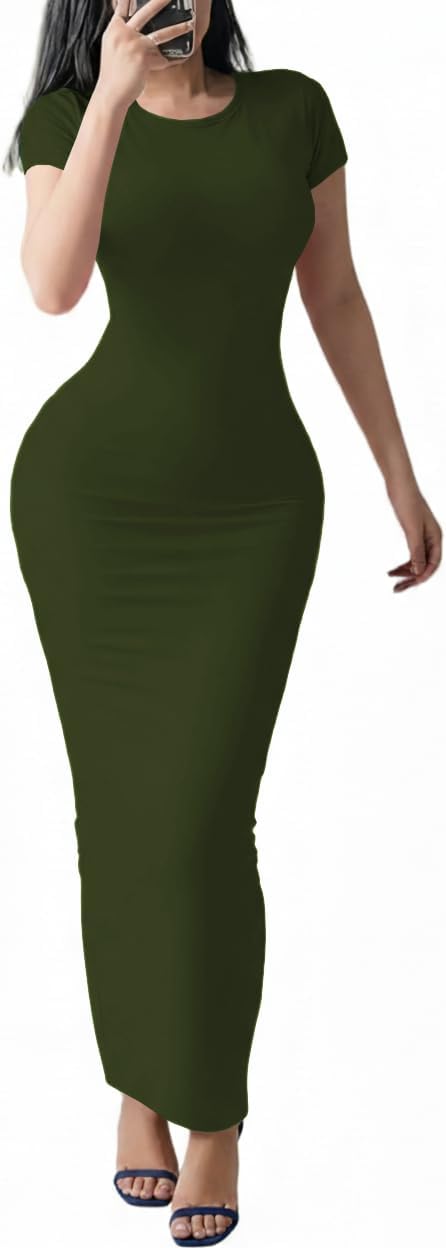Women's Bodycon Maxi Dress Short Sleeve Round Neck Casual Long Dress Sexy Night Out Party Dresses