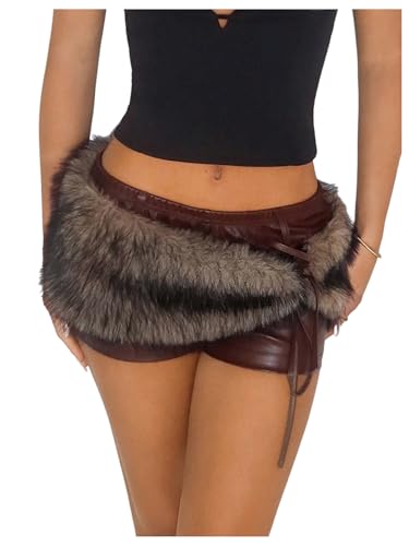 Verdusa Women's Y2K Furry Fuzzy Leather Mini Shorts...