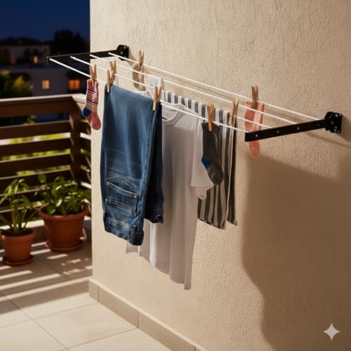 Image of Cloth Drying Foldable Wall Mount Stand with 50 Feet Rope and 5 Rows for Balconies, Terrace I Indoor & Outdoor Use I Space Saving I Metal Black I (Foldable Wall Mount Stand)