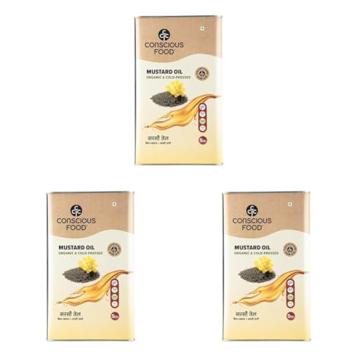 Image of Conscious Food Cold Pressed Black Mustard Oil | 5 Litre | Natural | Pure & Unrefined | Rich Taste & Aroma | Sarso ka Tel | Kachi Ghani /Chekku (Pack of 3)