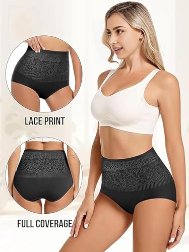 Image of Women's Lace Trim High Waisted Cotton Underwear Full Coverage Ladies Panties Tummy Control Briefs 4 Pack