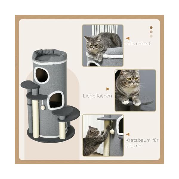 PawHut Katzen Kratztonne 99 cm Spieltonne Kratzbaum Katzenbaum mit Katzenbett, Spielball, Plattformen, Katzenkratzbaum mit 3 Türen, Katzenmöbel, Grau – Bild 5