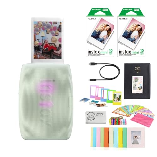 Fujifilm INSTAX Mini Link 3 Smartphone Printer | Sage Green Bundled with INSTAX Mini Instant Film | 20 Exposures + Instax Mini Album, Borders, Stickers & Clips + Microfiber Cleaning Cloth (4 Items)