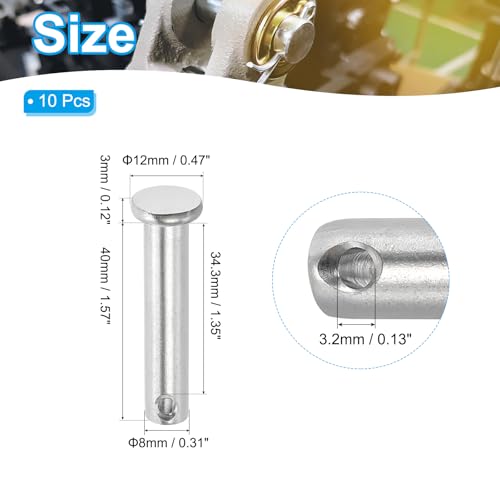 PATIKIL 8 x 40 mm Einzel Loch Clevis Pins, 10 Stück 304 Edelstahl Flachkopf Pin für Hitch Pin Lock Link Scharnier Systeme, Silber