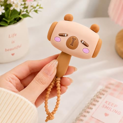 Image of HOUSELY Cute Cartoon Bunny Squeaky Squeeze Toy - Soft Silicone Kawaii Hammer with Sound | Stress Relief Fidget Toy with Beaded Strap, Portable Bag Charm for Kids & Adults, Return Gift - Beige