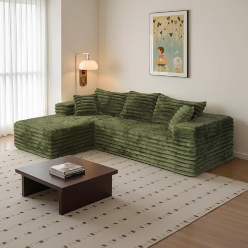 Image of 2 inch Corduroy Boneless Couches for Living Room, L Shape Sofa with Chaise | 102.4 inch Modular Sectional Sofa, Cloud Couch Sectional with Deep Seat, No Assembly, Green, Left Chaise