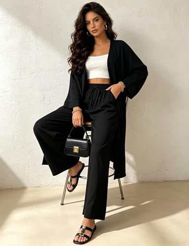 Joyfunear Summer Cute Flowy Cardigan Pants Set Dressy Matching 2 Piece Outfit For Women Black Small - Image 3