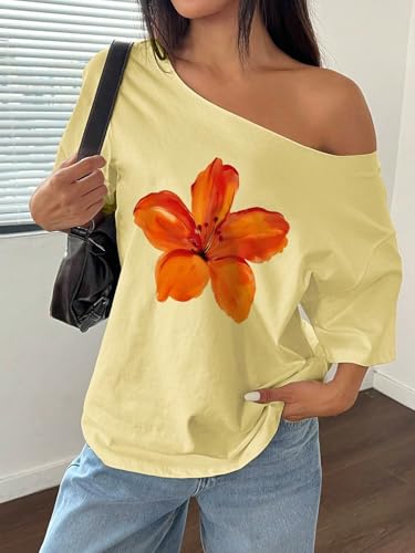 Image of SXV STYLE Women's Off Shoulder Top, Yellow, Orange Floral Print, 3 /4 Sleeve, Casual Loose Fit