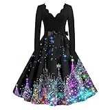 JXKIKOZE Women's 1950s Retro Vintage Cocktail Swing Dresses Christmas Dress Xmas Tree Santa Snow Printed Plus Size Dress with Belt,Christmas Print Dresses for Women,62-Purple Small