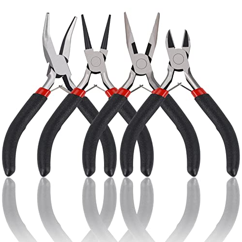 4 Pack Jewelry Pliers Jewelry Making Pliers Tools Kit with Needle Nose Pliers/ Chain Nose Pliers, Round Nose Pliers, Bent Nose Pliers Wire Cutters for Wire Wrapping Earring Craft Making Supplies,Black