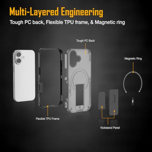Image of ZAP CASE Matte Kickstand Case for iPhone 16 | Magsafe Compatible | Premium Polycarbonate Back + Flexible TPU Bumper | Foldable Stand | Military-Grade Drop Protection | Anti-Fingerprint | Black