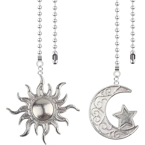 Image of Silver Sun and Moon Zipper Extensions for Ceiling Fans and Lamps, with Ball Chain connectors, 30.48 cm Totem Bohemian Pendant Extender Decorations, 2 Pieces. (Silver)