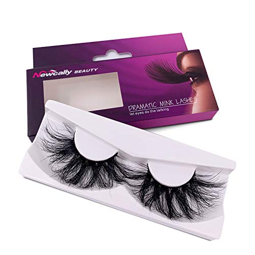 Newcally 25mm Mink Lashes 5D Mink False Eyelashes Dramatic Long Fluffy Thick Volume Fake Eye Lashes 1 Pair Pack