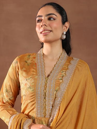 Image of Libas Womens Printed Silk Blend Straight Kurta With Palazzos and Dupatta | daily wear suit