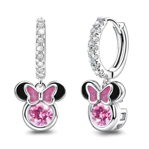 Sterling Silver Pink CZ Mouse Dangle Hoop Earrings - Sparkling Mini Cute Bow Earrings - Minnie Animal Princess Huggie Jewelry Gifts for Women or Daughter Birthday