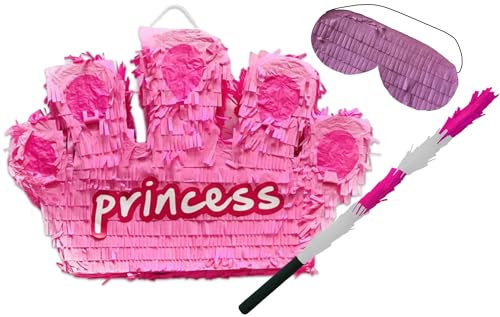 Princess Tiara Crown Pinata for Kids Parties – Includes Bashing Stick & Blindfold – Fill Your Own Party Game Decoration – Girls Fairy Tale & Princess Birthday Themed Party – 30cm x 39cm x 7.5cm