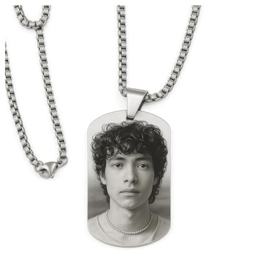 Sophon - Plaque style militaire noire personnalisée en acier inoxydable 50x28 mm – Dog Tag Gravure Laser Noir et Blanc photo texte, motif – Collier pendentif avec chaînes au choix