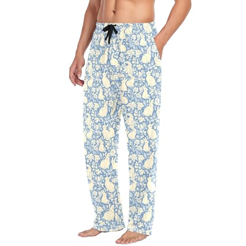 Mens Cotton Pajama Pants Sleep Lounge Pj Bottoms Sleepwear with Pockets Drawstring S Blue Rabbit4