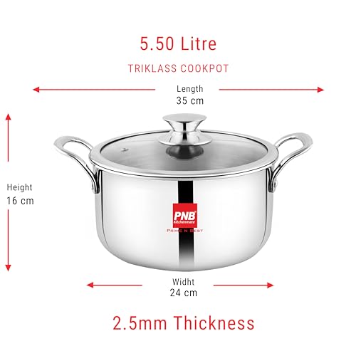 Image of PNB Kitchenmate Triply Cookpot with Glass Lid, 24cm, 5.5 LTR, 2.5mm Extra Thick Stainless Steel Casserole, Induction & Gas Compatible, 5 Years Warranty, Silver