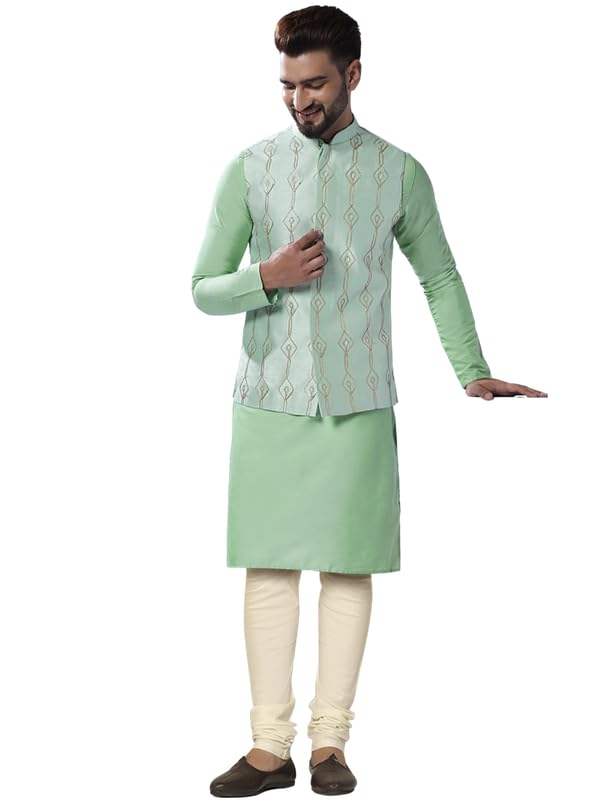 Image of KISAH Men's Kurta Jacket Churidar Set, Sea Green Art Silk, Embellished Regular Fit Long Sleeves Mandarin Collar (S)