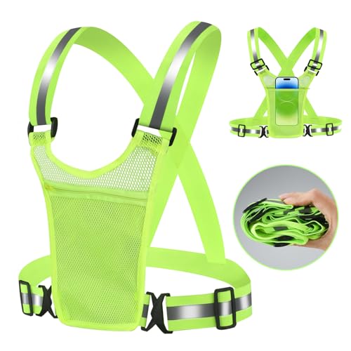 Evilsoul High Visibility Reflective Running Vest, Running Vest with Chest Pouch, Adjustable Reflective Gear for Night Walking, Jogging, Cycling, Men & Women